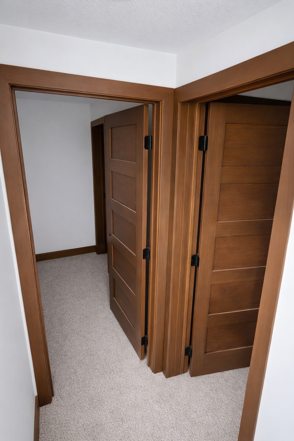 Stained five-panel doors installed across multiple openings